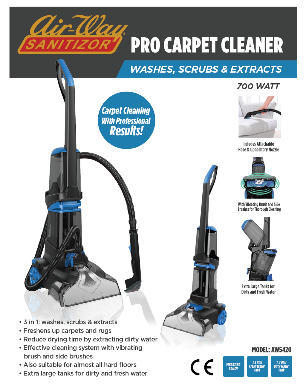 Air-Way Carpet Extractor / Scrubber with Upholstery Tool & Hose